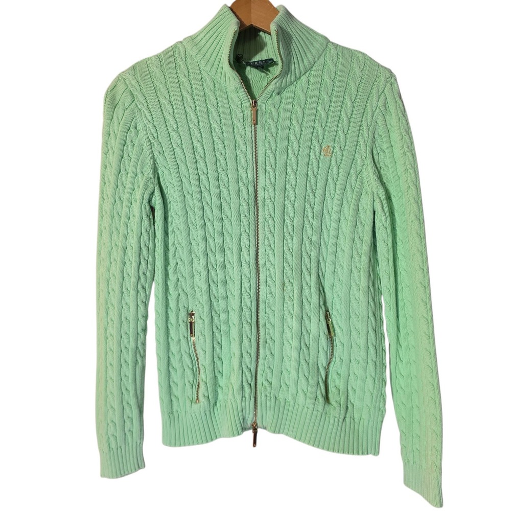 Lauren Ralph Lauren Women M Zip Sweater Mint Green Cable Knit Gold Hardware